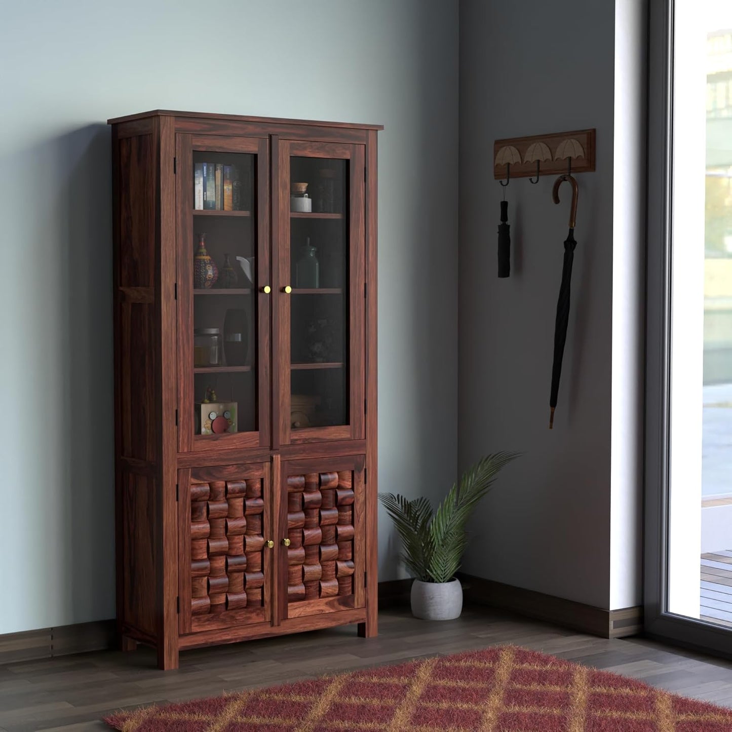 Solid Wood Glass Door Display Cabinet with Textured Wooden Storage Doors