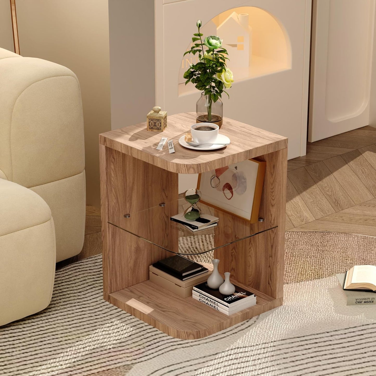 Royal Marwar Solid Mango Wood Bedside Table | Modern Nightstand with Glass Shelf | Honey Finish | Bedroom Side Table