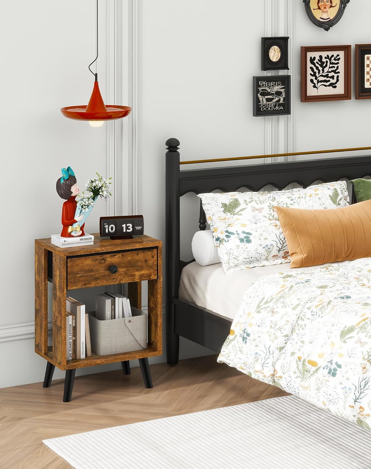 Royal Marwar Solid Mango Wood Bedside Table with Drawer & Open Shelf | Rustic Walnut Finish | Modern Nightstand