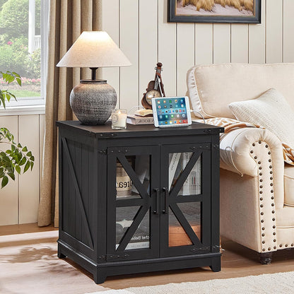 Royal Marwar Solid Mango Wood Side Table | Bedside Table with 2 Glass Door Storage Cabinet | Black Finish