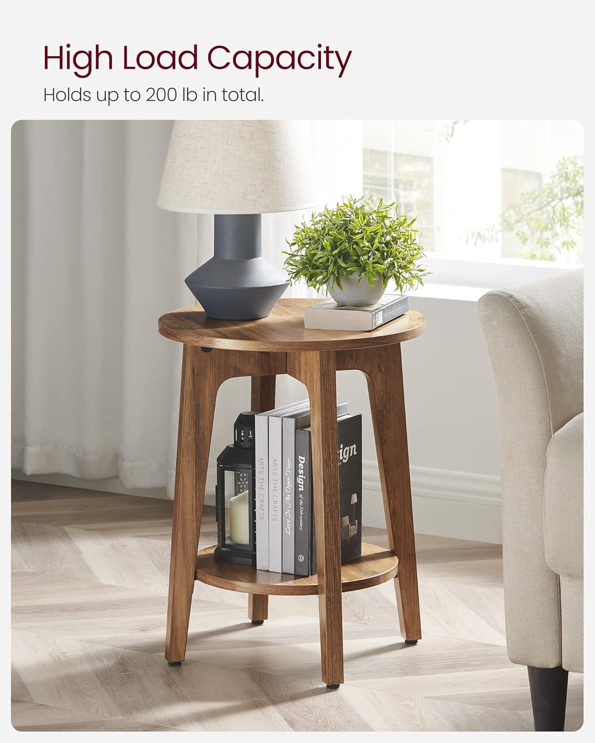 Royal Marwar Solid Mango Wood Round Side Table | Modern End Table with Storage Shelf | Honey Finish | Bedside Table