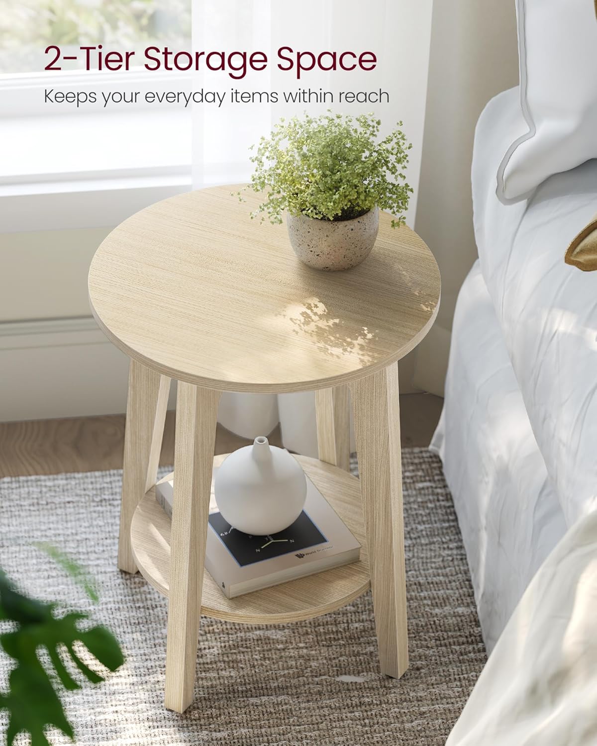 Royal Marwar Solid Mango Wood Round Side Table | Modern End Table with Storage Shelf | Honey Finish | Bedside Table
