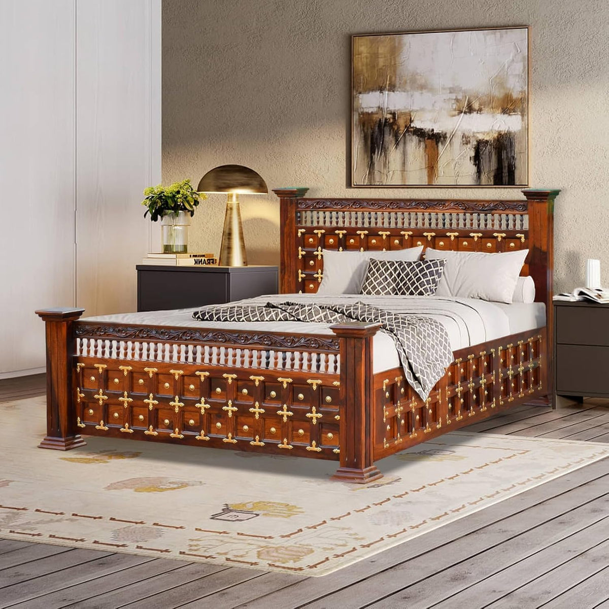 Maharaja Solid Sheesham Wood King Size Bed | Handcrafted Royal Wooden Bed | Traditional Indian Carved Design | Metal Stud Detailing | Dark Walnut Finish