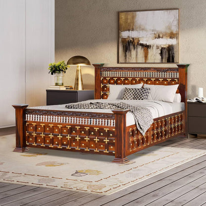 Maharaja Solid Sheesham Wood King Size Bed | Handcrafted Royal Wooden Bed | Traditional Indian Carved Design | Metal Stud Detailing | Dark Walnut Finish