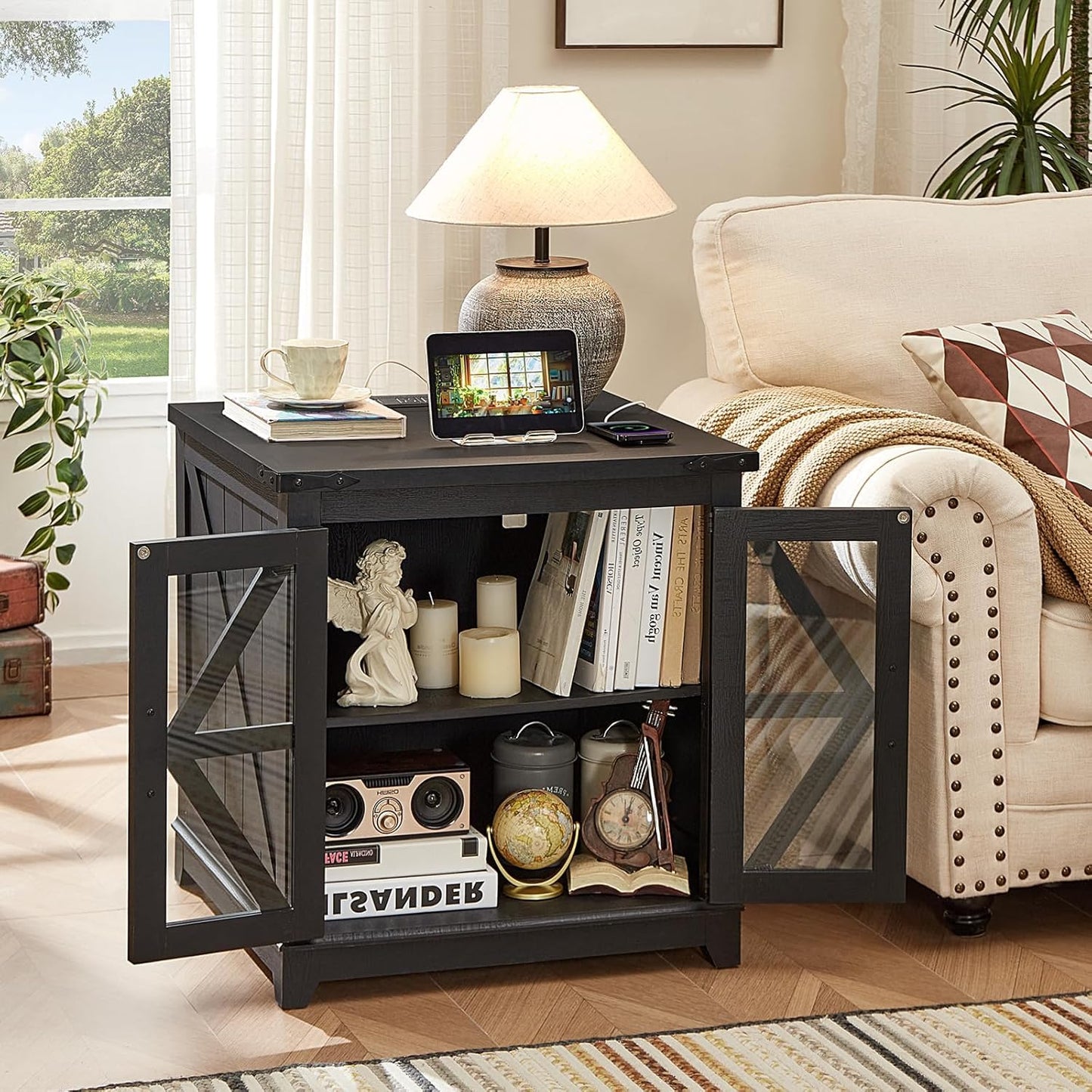 Royal Marwar Solid Mango Wood Side Table | Bedside Table with 2 Glass Door Storage Cabinet | Black Finish