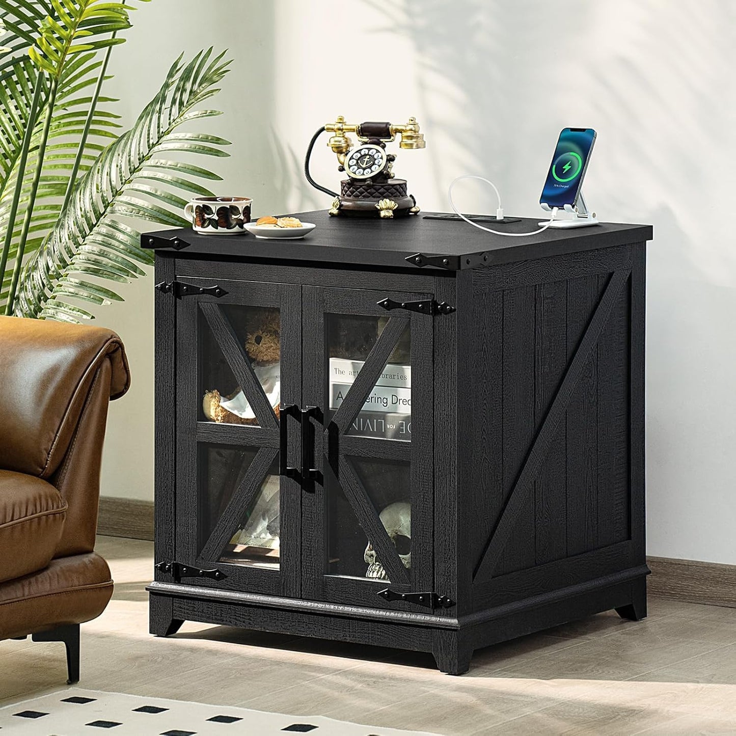 Royal Marwar Solid Mango Wood Side Table | Bedside Table with 2 Glass Door Storage Cabinet | Black Finish