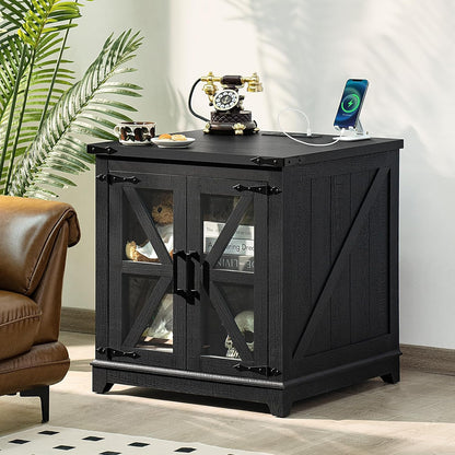 Royal Marwar Solid Mango Wood Side Table | Bedside Table with 2 Glass Door Storage Cabinet | Black Finish