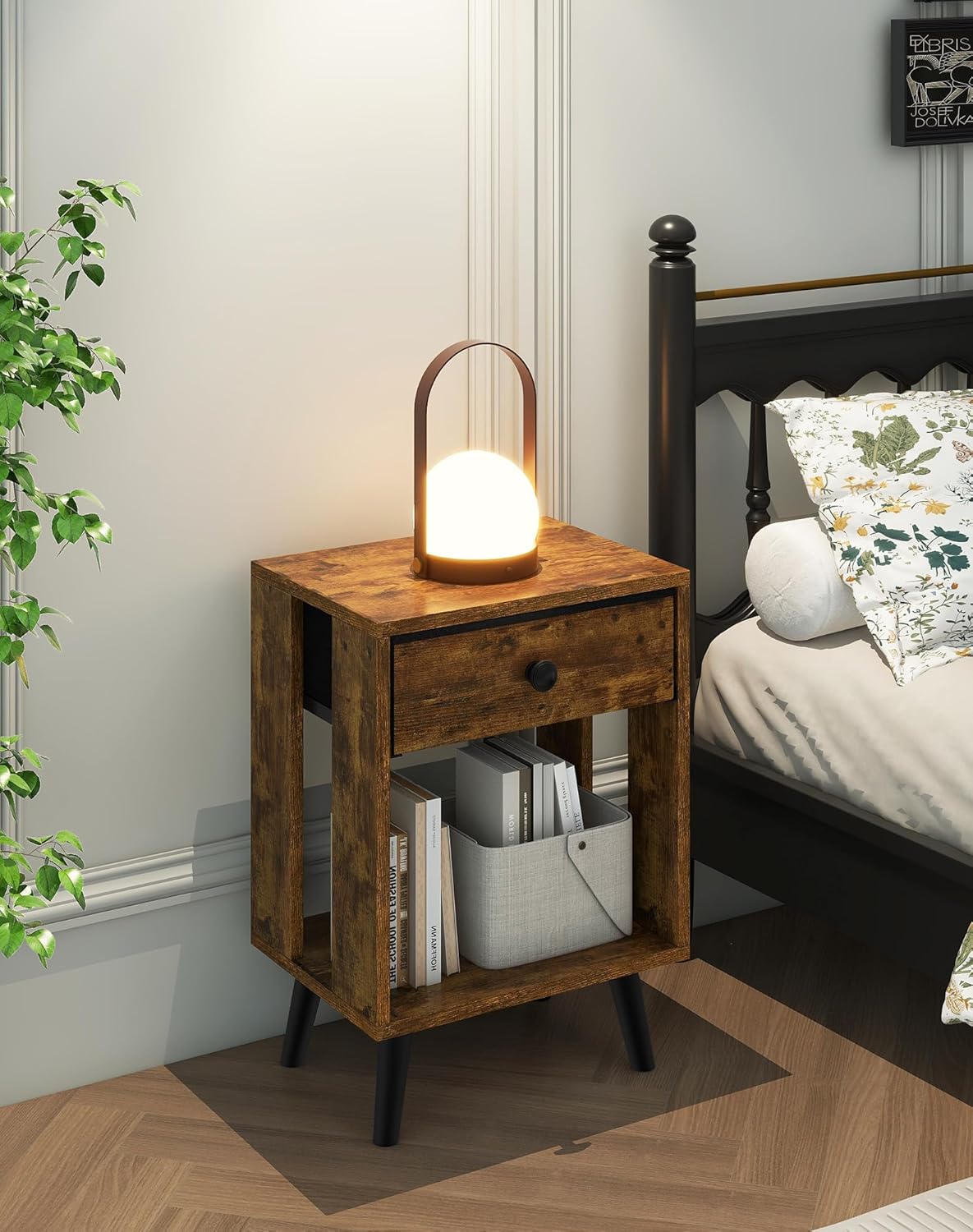 Royal Marwar Solid Mango Wood Bedside Table with Drawer & Open Shelf | Rustic Walnut Finish | Modern Nightstand