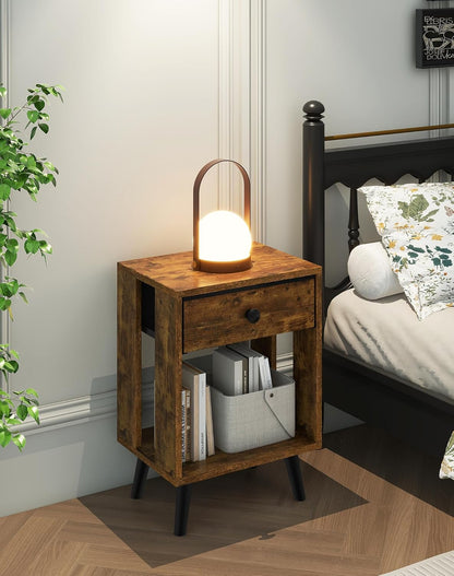 Royal Marwar Solid Mango Wood Bedside Table with Drawer & Open Shelf | Rustic Walnut Finish | Modern Nightstand