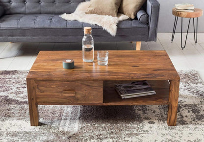 Royal Marwar Solid Sheesham Wood Coffee Table with Drawer & Open Shelf | Center Table for Living Room | Honey Finish & Walnut Finish
