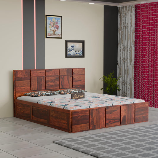 Royal Marwar Sheesham Wood Bed with Storage Box | Plain Panel Design | Wooden Do