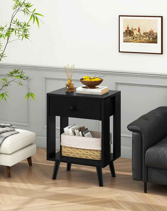 Royal Marwar Solid Mango Wood Bedside Table with Drawer & Open Shelf | Honey Finish | Modern Nightstand