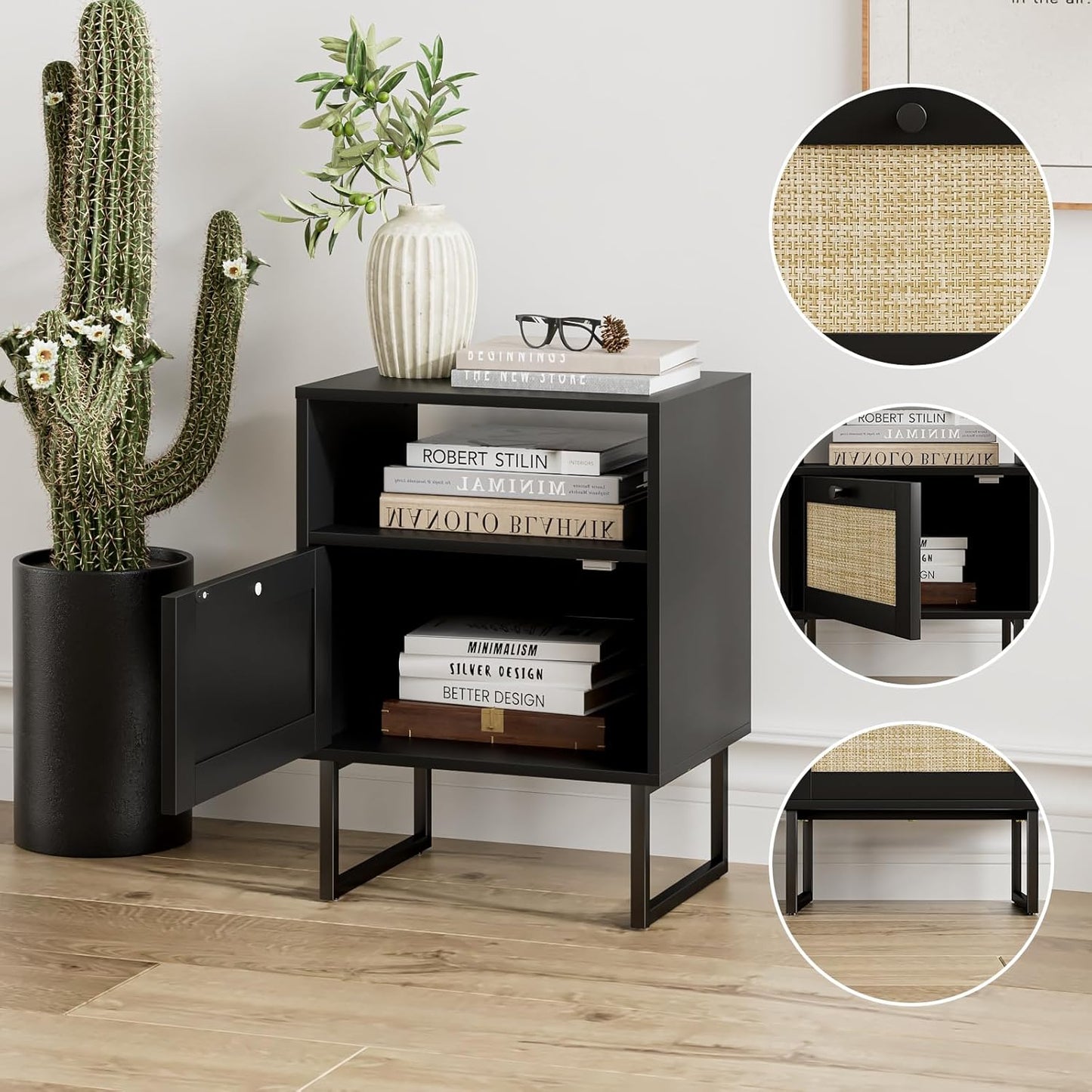 Royal Marwar Solid Mango Wood Bedside Table with Rattan Drawer & Open Shelf | Honey Finish | Modern Nightstand