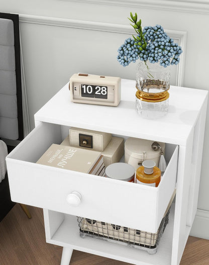 Royal Marwar Solid Mango Wood Bedside Table with Drawer & Open Shelf | White Finish | Modern Wooden Nightstand