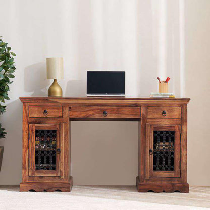 Royal Marwar Solid Sheesham Wood Study Table | 3 Drawers & 2 Metal Grill Door Ca