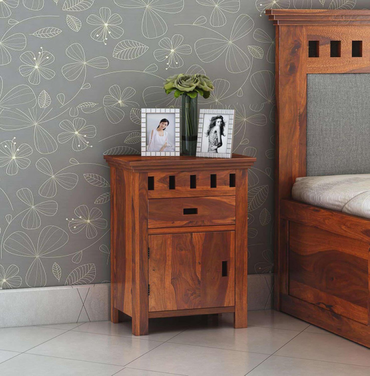 Royal Marwar Sheesham Wood Bedside Table | 1 Door Cabinet & 1 Drawer | Nightstan