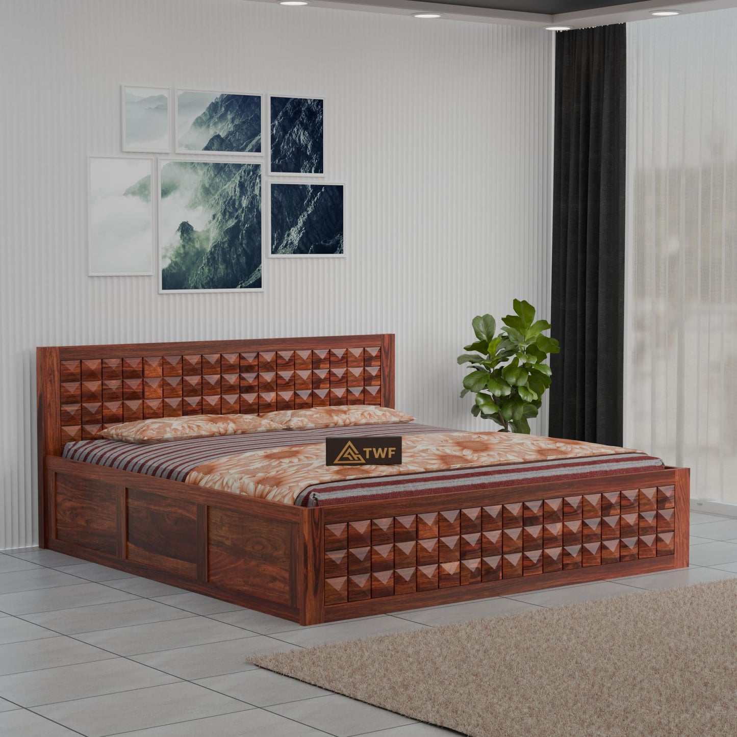 Royal Marwar Sheesham Wood Bed with Storage Box | Diamond Design Headboard | Woo