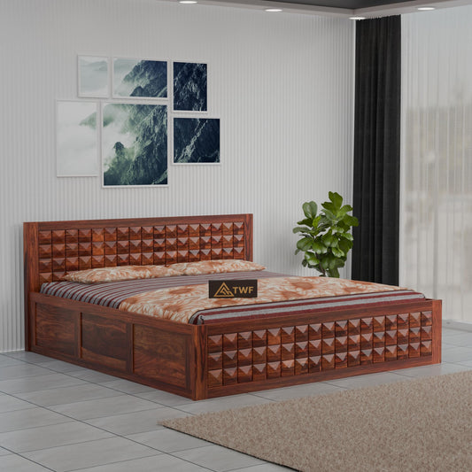 Royal Marwar Sheesham Wood Bed with Storage Box | Diamond Design Headboard | Woo