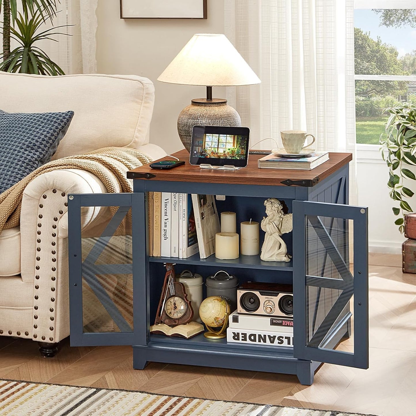 Royal Marwar Solid Mango Wood Side Table | Bedside Table with 2 Glass Door Storage Cabinet | Black Finish