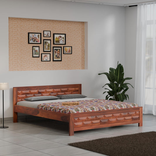 Royal Marwar Solid Sheesham Wood Bed Without Storage | Big Diamond Headboard Des