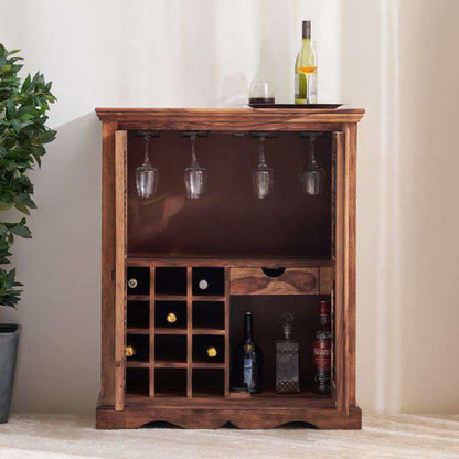 Royal Marwar Sheesham Wood Bar Cabinet | Metal Grill Doors, Wine Bottle Rack, Gl