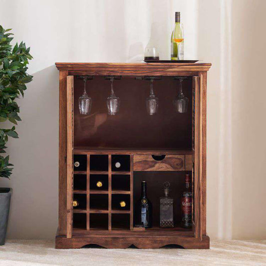 Royal Marwar Sheesham Wood Bar Cabinet | Metal Grill Doors, Wine Bottle Rack, Gl
