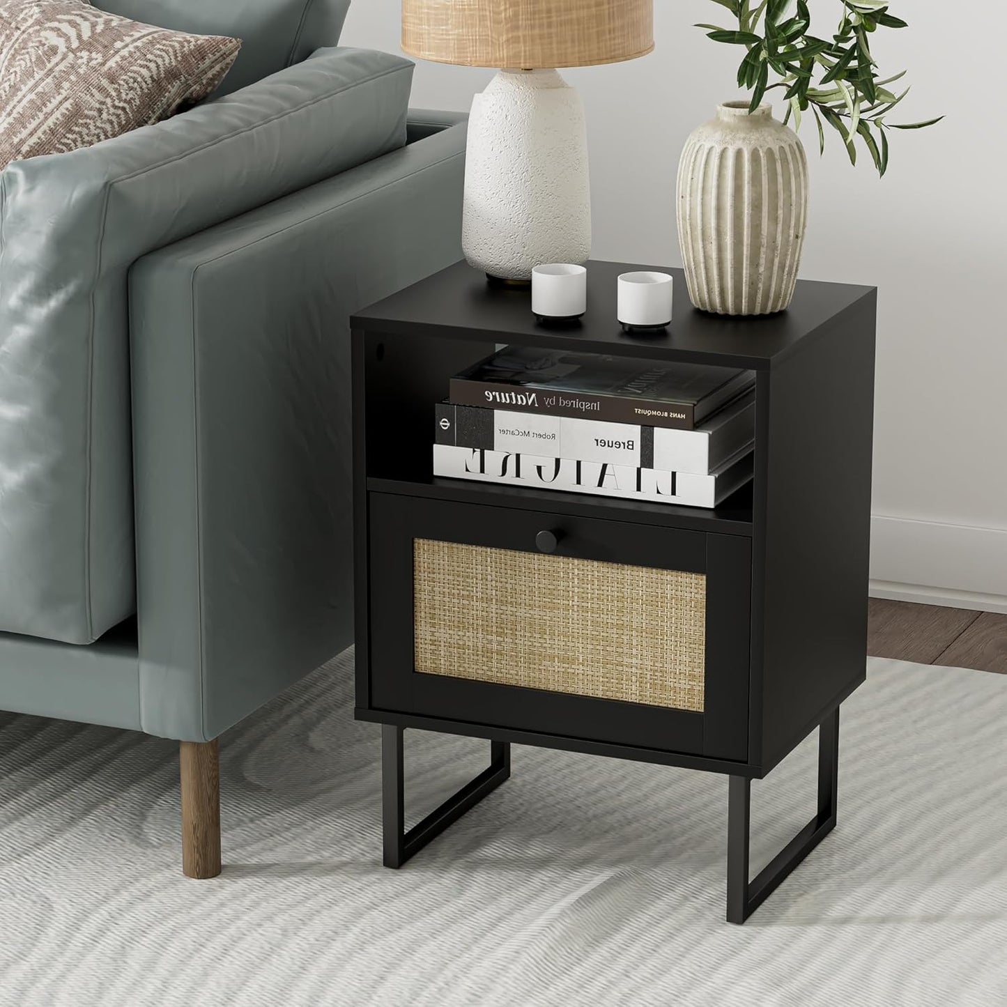 Royal Marwar Solid Mango Wood Bedside Table with Rattan Drawer & Open Shelf | Honey Finish | Modern Nightstand