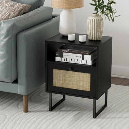 Royal Marwar Solid Mango Wood Bedside Table with Rattan Drawer & Open Shelf | Honey Finish | Modern Nightstand