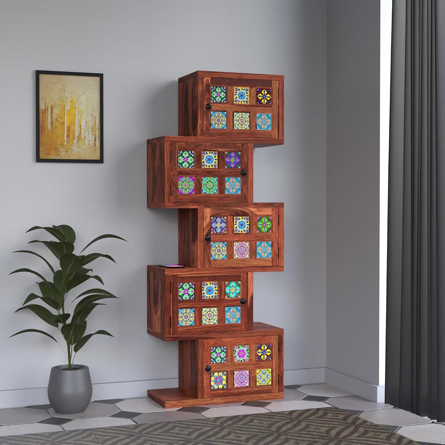 Royal Marwar Solid Sheesham Wood Bookcase | 5 Door Wooden Display Cabinet | Handcrafted Multicolor Tile Storage Shelf | Honey Finish