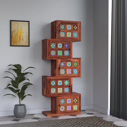 Royal Marwar Solid Sheesham Wood Bookcase | 5 Door Wooden Display Cabinet | Handcrafted Multicolor Tile Storage Shelf | Honey Finish