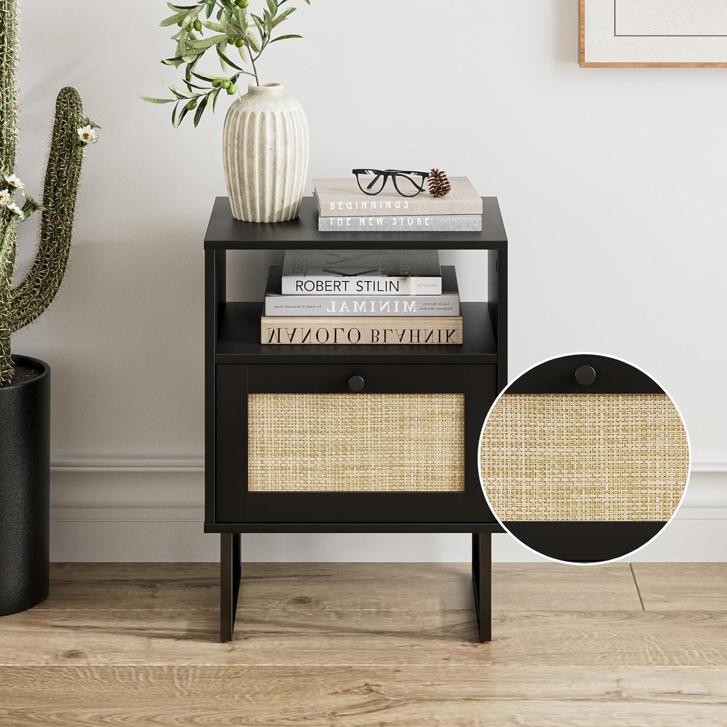 Royal Marwar Solid Mango Wood Bedside Table with Rattan Drawer & Open Shelf | Honey Finish | Modern Nightstand
