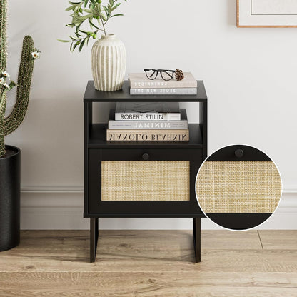 Royal Marwar Solid Mango Wood Bedside Table with Rattan Drawer & Open Shelf | Honey Finish | Modern Nightstand