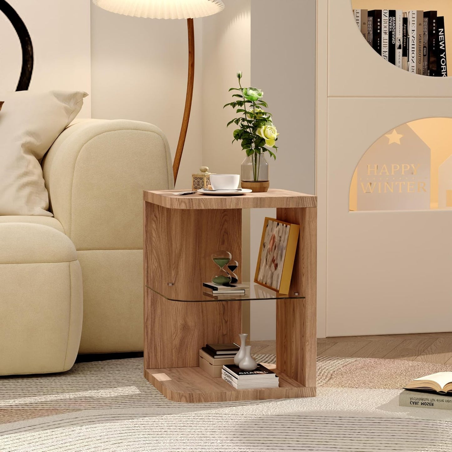 Royal Marwar Solid Mango Wood End Table with Glass Shelf | Honey Finish | Modern Side Table for Living Room & Bedroom