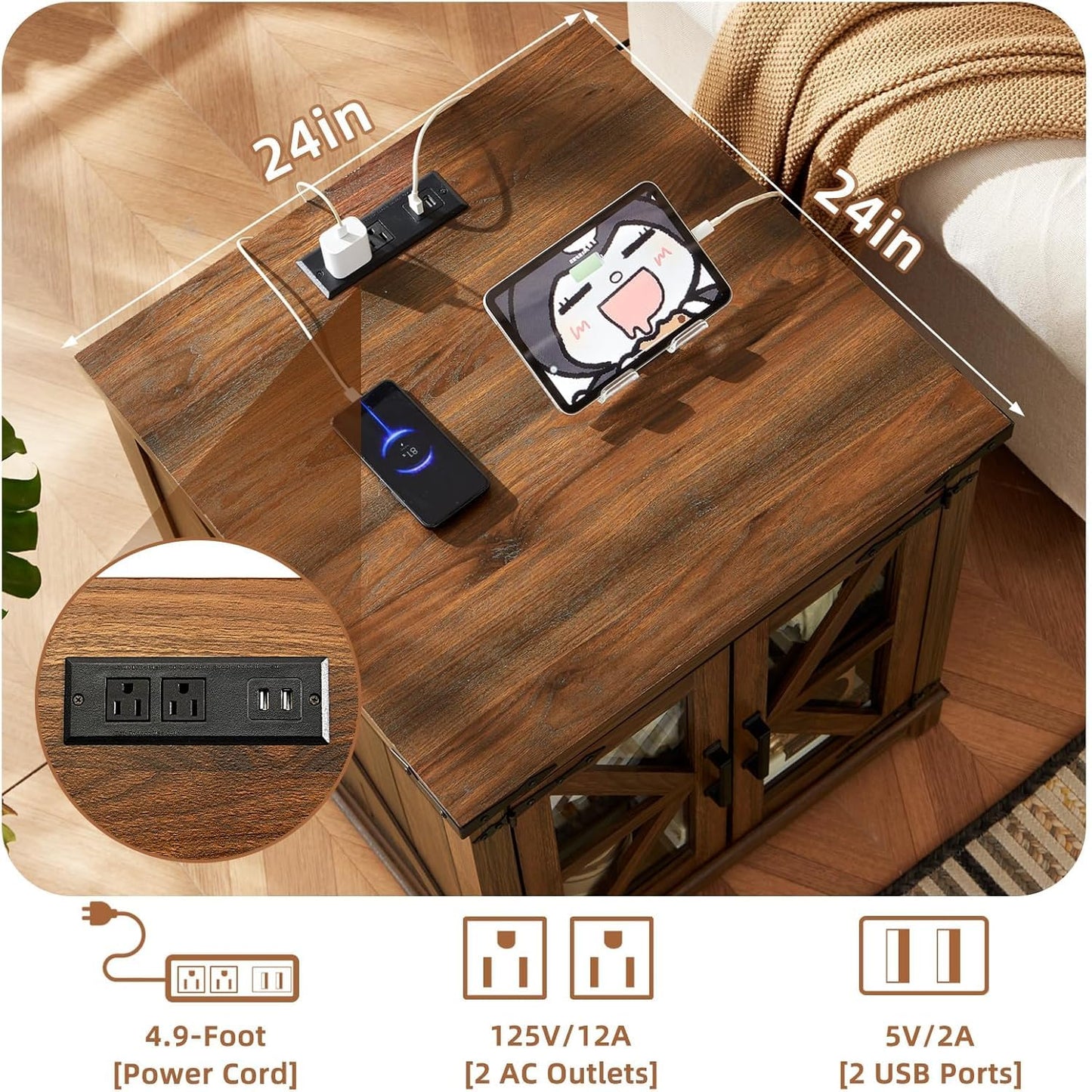 Royal Marwar Solid Mango Wood Side Table | Bedside Table with 2 Glass Door Storage Cabinet | Black Finish