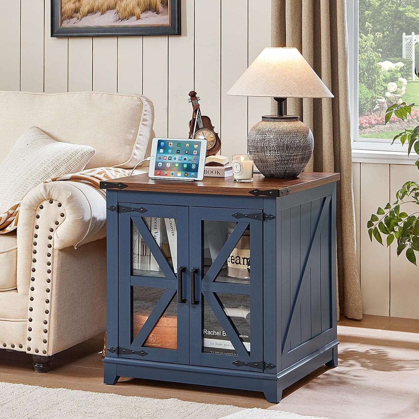 Royal Marwar Solid Mango Wood Side Table | Bedside Table with 2 Glass Door Storage Cabinet | Black Finish