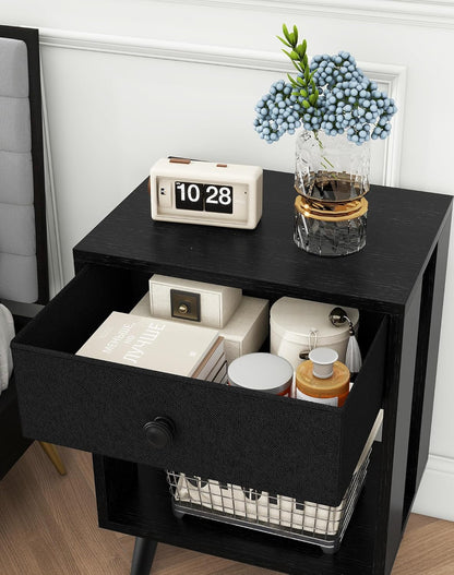 Royal Marwar Solid Mango Wood Bedside Table with Drawer & Open Shelf | Honey Finish | Modern Nightstand