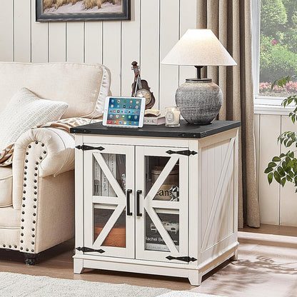 Royal Marwar Solid Mango Wood Side Table | Bedside Table with 2 Glass Door Storage Cabinet | Black Finish
