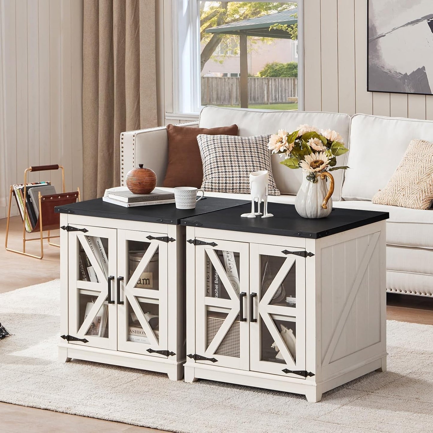 Royal Marwar Solid Mango Wood Side Table | Bedside Table with 2 Glass Door Storage Cabinet | Black Finish