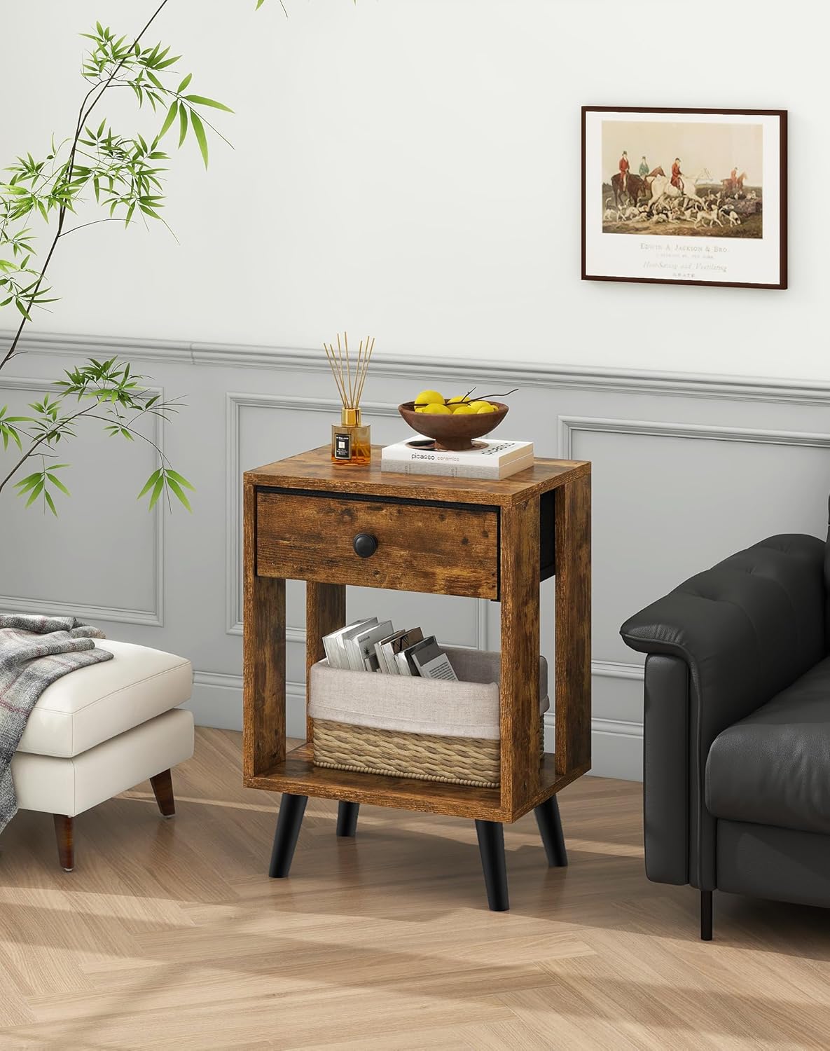 Royal Marwar Solid Mango Wood Bedside Table with Drawer & Open Shelf | Rustic Walnut Finish | Modern Nightstand