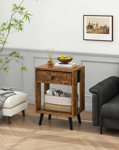 Royal Marwar Solid Mango Wood Bedside Table with Drawer & Open Shelf | Rustic Walnut Finish | Modern Nightstand