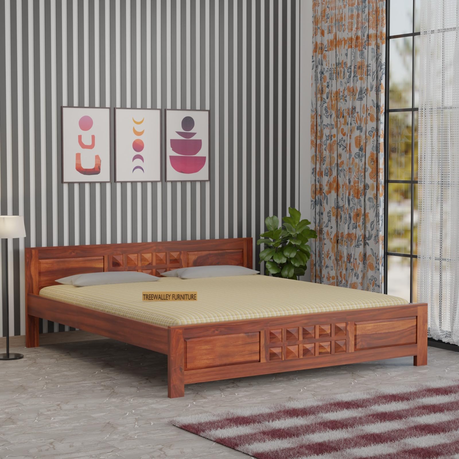 Royal Marwar Solid Sheesham Wood Bed Without Storage | Small Diamond Headboard D