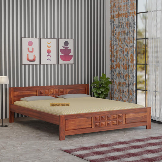 Royal Marwar Solid Sheesham Wood Bed Without Storage | Small Diamond Headboard D