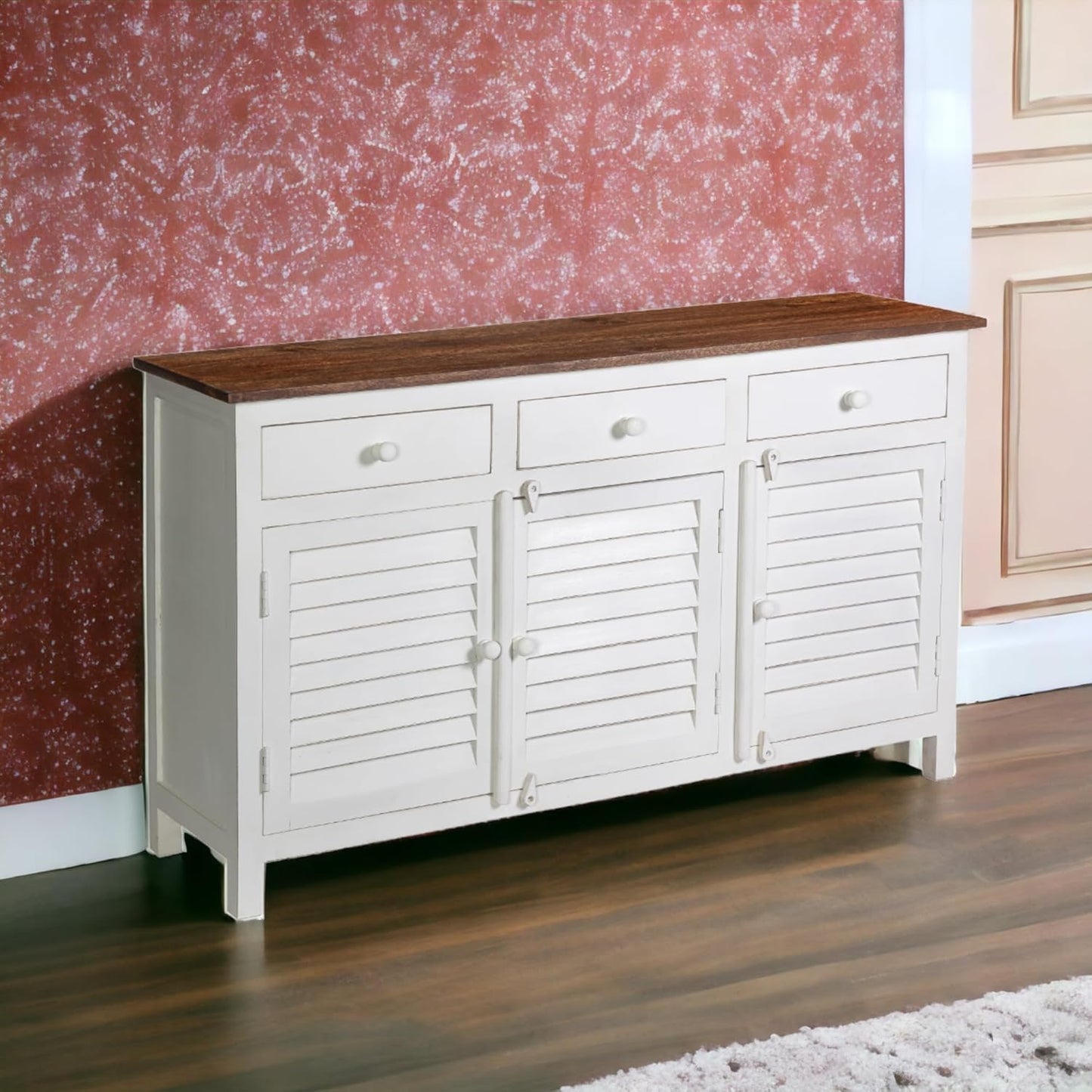 Royal Marwar Solid Mango Wood Sideboard Cabinet with 3 Drawers & 3 Shutter Doors | White & Green Finish | Farmhouse Storage Cabinet