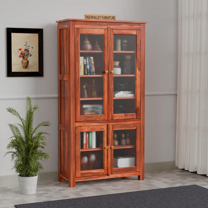 Solid Sheesham Wood Kitchen Cabinet with Glass Doors & Drawer