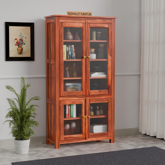 Solid Sheesham Wood Kitchen Cabinet with Glass Doors & Drawer