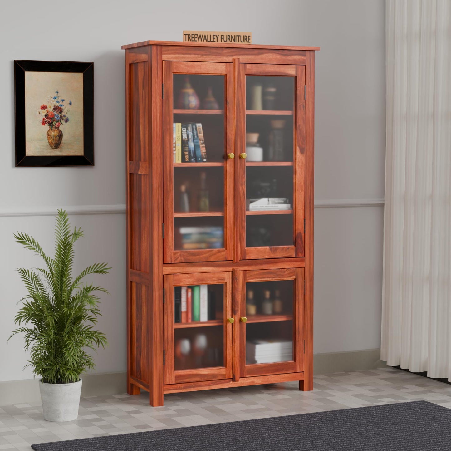 Royal Marwar Solid Sheesham Wood Crockery Cabinet | 4 Acrylic Glass Doors & 6 Sh