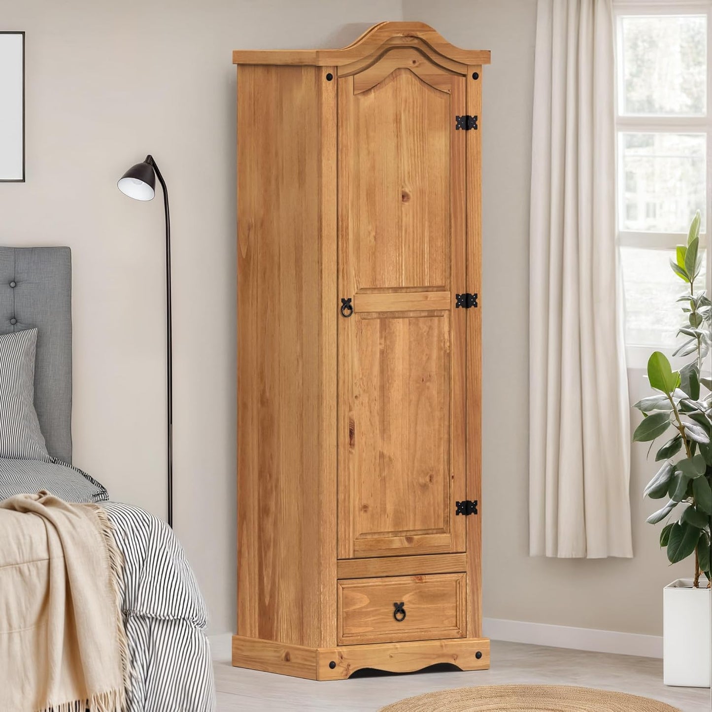 Royal Marwar Solid Mango Wood 1 Door Wardrobe | Single Door Wooden Almirah with Drawer | Honey Finish
