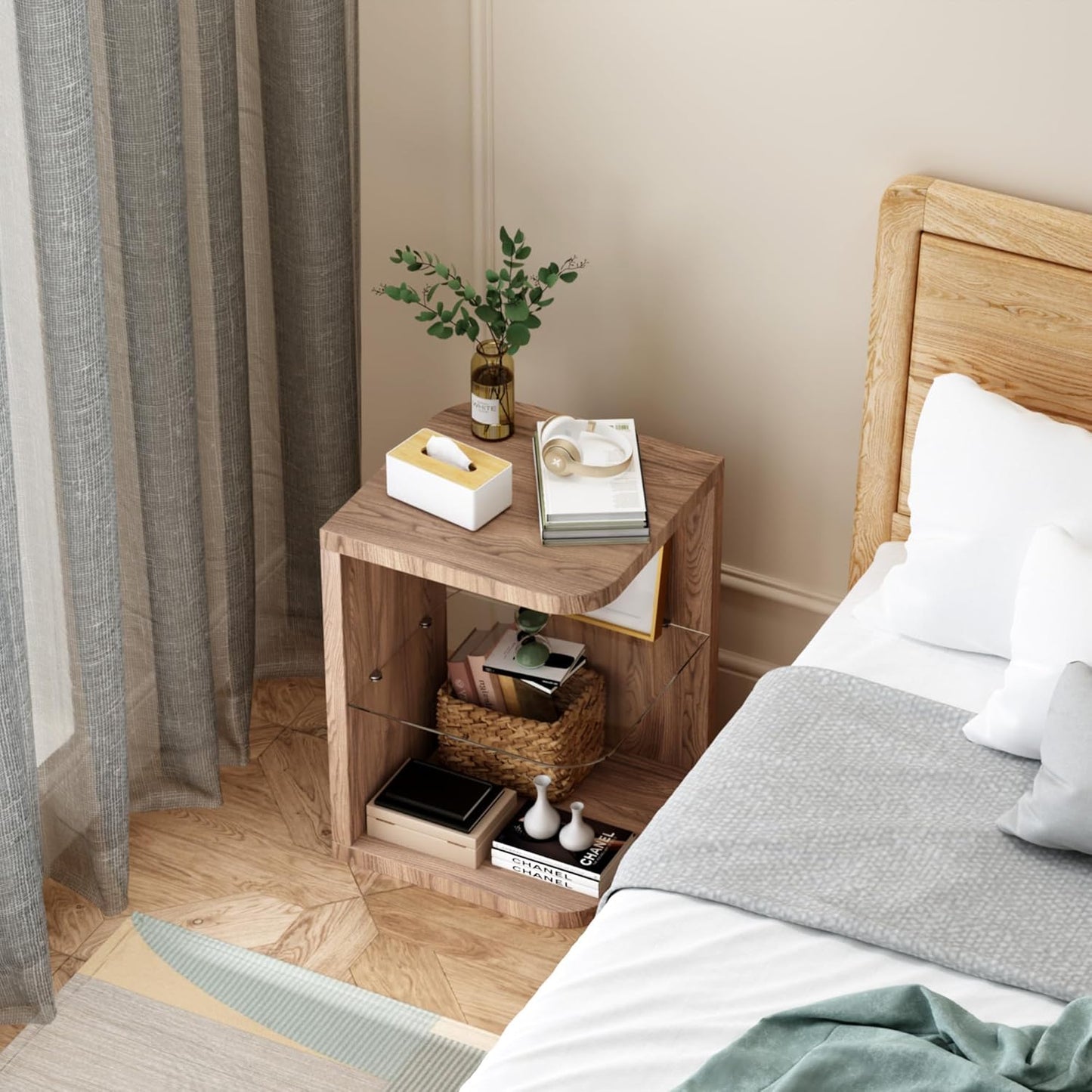Royal Marwar Solid Mango Wood End Table with Glass Shelf | Honey Finish | Modern Side Table for Living Room & Bedroom