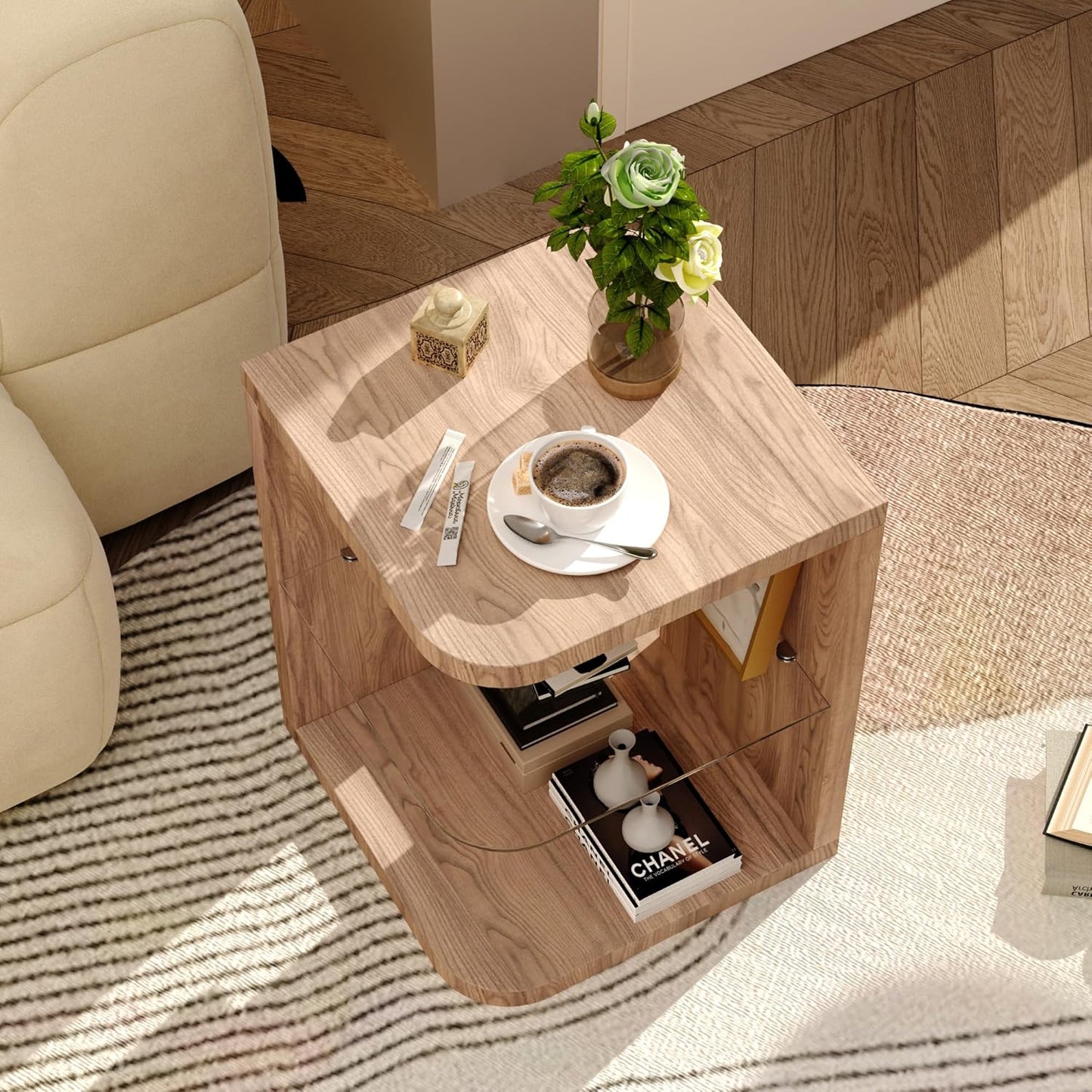 Royal Marwar Solid Mango Wood End Table with Glass Shelf | Honey Finish | Modern Side Table for Living Room & Bedroom