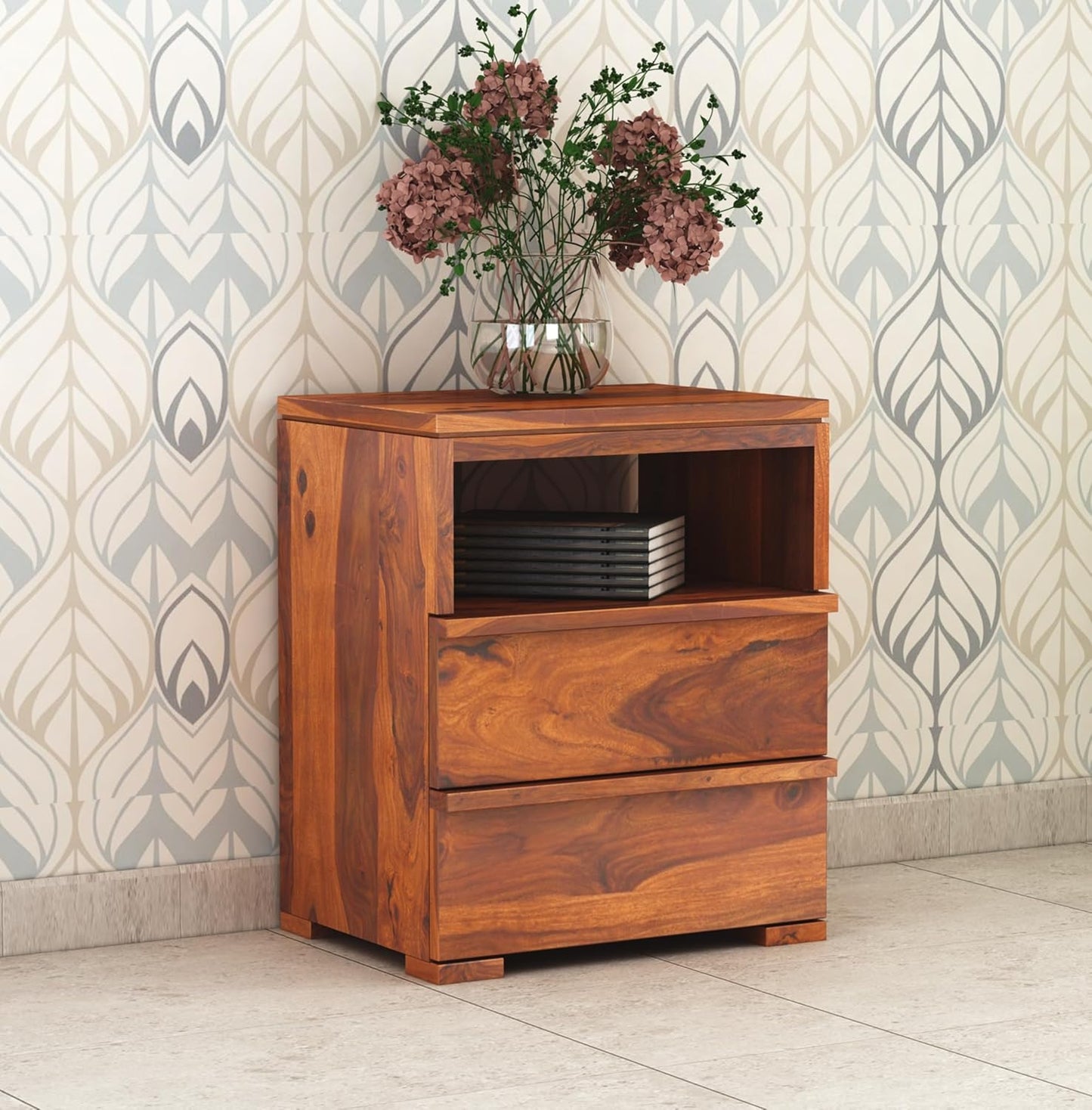 Royal Marwar Solid Sheesham Wood Bedside Table with 2 Drawers & Open Shelf | Wooden Nightstand | Honey Finish & Walnut Finish